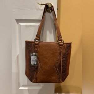 Trinity Ranch Genuine Brown Leather Hand Tooled Concealed Carry Tote Bag NEW